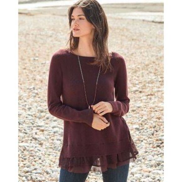 Garnet Hill 100% Cashmere Sweater Lace Ruffle Hem Fairy Romantic Mauve - Picture 1 of 5